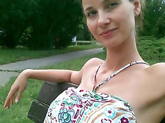 Horny amateur babe flashes her tits outdoors