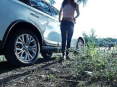 Piss Stop - Urgent Outdoor Roadside Piss and Cock Sucking by Asian Girl Tina in Blue Jeans