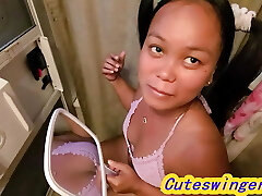 #Im in Pigtails Asian on toilet & loves big beef whistle & swallowing cum