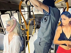 Worker takes stick out and thighs dolls on public transport!
