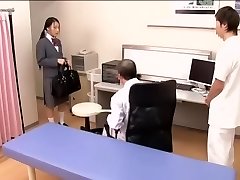 Medical scene of young na.ve Asian sweetie getting checked by two mischievous docs