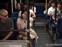 Two Guys Fucking a Busty Japanese Girl's Big Mammories in the Public Bus