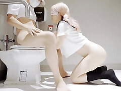 Lovely Platinum-blonde Asian College Girl Skips Classes To Boink With Her BF In the Toilet