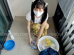 Myanmar Tiny Maid loves to ravage while washing the clothes Myanmar Tiny Maid loves to ravage while washing the clothes