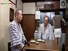 Young Asian daughter serves daddy and his buddy then gives him a bathtub