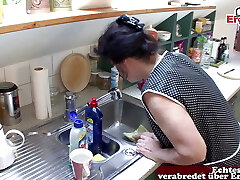 German grandmother get rock hard fuck in kitchen from step son