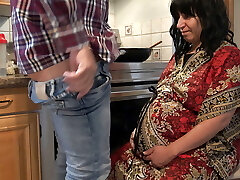 Pregnant stepmother hotwife with stepson while husband is at work