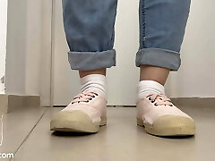 White socks and filthy pink sneakers footjob and cum on soles, socks, and sneakers