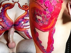 Horny stepsister with huge octopus tattoo on butt helps her stroking stepbrother to cum rock hard in her pussy