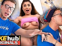 FAKEhub - Torrid Indian British model licks the cum of dorks glasses after he ejaculates on his own face