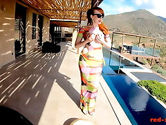 Redhead MILF Red Hardcore masturbating outside by the pool 