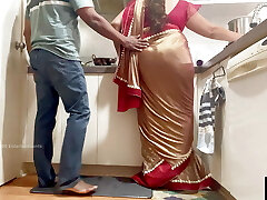 Indian Couple Romance in the Kitchen - Saree Fuck-a-thon - Saree lifted up and Butt Spanked