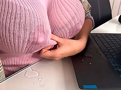 Hot Step Mom Seduces Step Son in the office, shows him milky nipples and Makes big cock Handjob