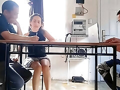 Unfaithful wife sucks the collector's salami and swallows the cum behind the hotwife's back under the table. Unfaithful wife sucks the collector's salami and swallows the cum behind the hotwife's back under the table.