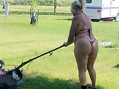 Got back to find wife mowing in a panty swimsuit, her booty and thighs jiggling with every step 