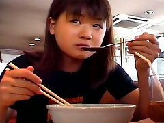 Round Asian teen Mai Mariya makes a perfect leg spit after a lunch