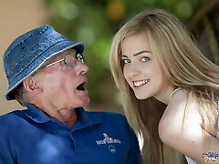 Beautiful teenage sucks grandpa outdoors and she swallows it all