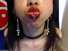Goth with Red Lip Liner Drools a Lot and Blows Spit Bubbles - Spit Fetish