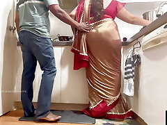 Indian Couple Romance in the Kitchen - Saree Sex - Saree hiked up and Ass Spanked