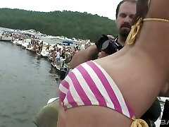 Party hard bathing suit whore is ready to showcase her tits and nice shaved pussy