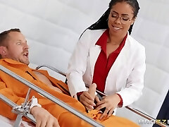 Horny and hot black doctor showcases her funbags before patient fucks her mish
