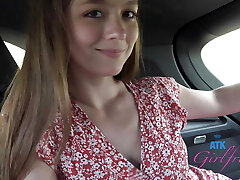 Car sex and kinky ride with Mira Monroe amateur in back seat blowjob filmed POV