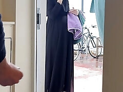 SCARED BUT Nosey! Muslim knocked up neighbour in niqab caught me jerking off and asked me to let her touch my uncut dick