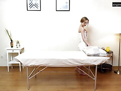 Petite light-haired virgin orgasms from massage toys