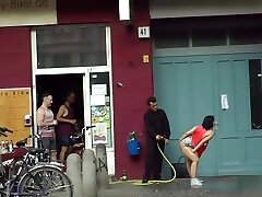 Big tits gimp gangbang fucked in public