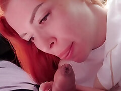 Amateur POV flick of a shy ginger-haired sucking a dick in the car