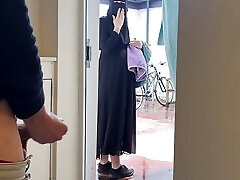 SCARED BUT Nosey! Muslim knocked up neighbour in niqab caught me jerking off and asked me to let her touch my uncut dick