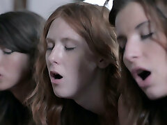 Feverish boy pleases three big bootied babes with steamy cunnilingus