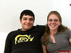 Skinny Wife with glasses pokes a BBC in front of the cuckold