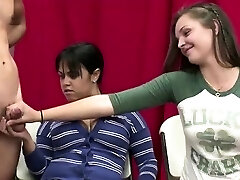 Handjob from CFNM babes at cock display by fledgling naked dude