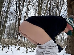 He pissing inside my young bootie in the forest on snow
