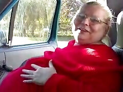 Filthy BBW grannie of my wife shows off her flabby juggs in van