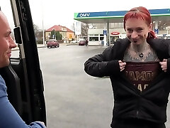 Totally Pierced and Tattooed Wierd Creature Rock the Pipe in Driving Car