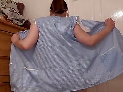 ginormous breasts wife striptease in pale blue apron