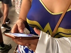 Wife in See through wonder women t-shirt with pierced nipples in public Wife in See through wonder women t-shirt with pierced nipples in public