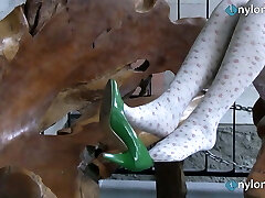 Blonde teen sole teasing in white and black stockings Blonde teen sole teasing in white and black stockings