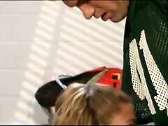 Blond teen cheerleader sucks jock&rsquo;s cock in locker apartment, then gets poked