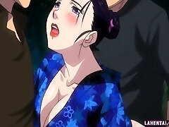 Hentai geisha gets gangbanged and glazed outdoors