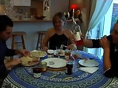 Two guys humping a French slut in all of her  holes