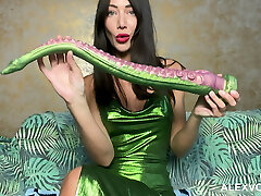 Hotkinkyjo in sexy green dress shag her ass with long dildo from sinnovator, anal fisting & ass inside-out