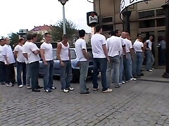 Whorey brunette fucked firm by 30 men in this gangbang film
