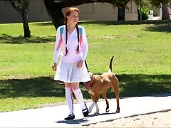 Red-haired sweetie goes outdoors only to play around with her private parts