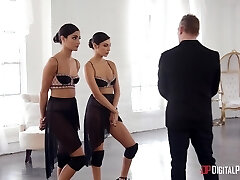 Flexible dancers Gianna Dior and Emily Willis pummeled by one stud