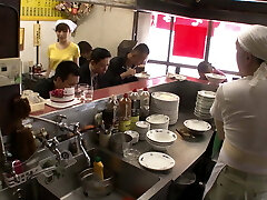 Kitchen maid in Asia Shop gets fucked by every stud in the Shop