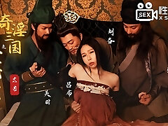 Busty hot Japanese wife with sexy cosplay dress have her first time group orgy with three big sausages