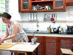 Ravioli Time! Bare Cooking. Regina Noir, a nudist cook at nudist motel resort. Bare maid. Naked housewife. Camera 1